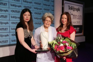 The Belfast Telegraph Woman of the Year  with Siobhan McKeown from The Outlet, the title sponsor of the event and Editor of the Belfast Telegraph Gail Walker presenting the flowers.