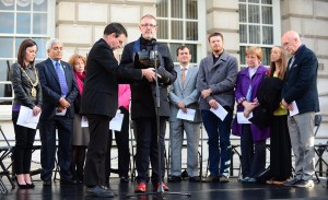 Pacemaker Press Belfast 06-08-2014: Lord Mayor Nichola Mallon and her Chaplains representing the range of faiths in Belfast pictured outside City Hall. The vigil was organised as a direct response to the suffering of all victims of conflicts across the Middle East and throughout the world..Picture By: Arthur Allison.